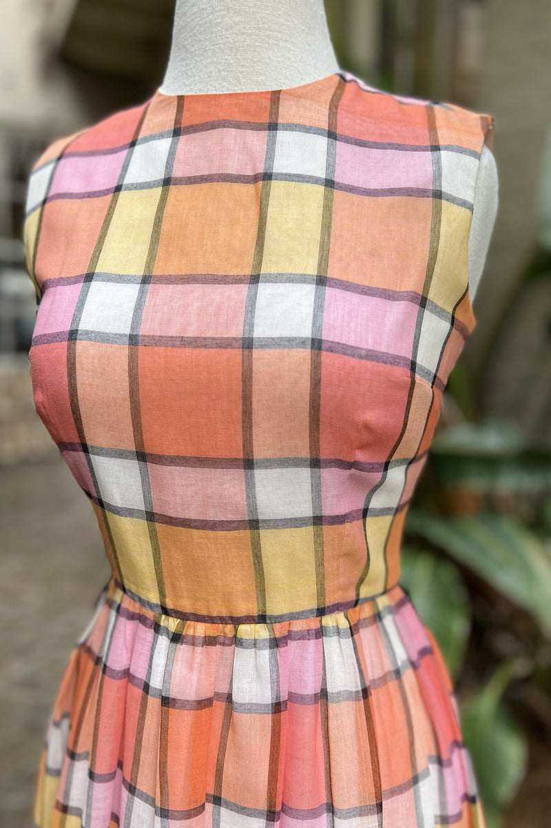 Vintage Late 1960s Plaid Ruffle Dress