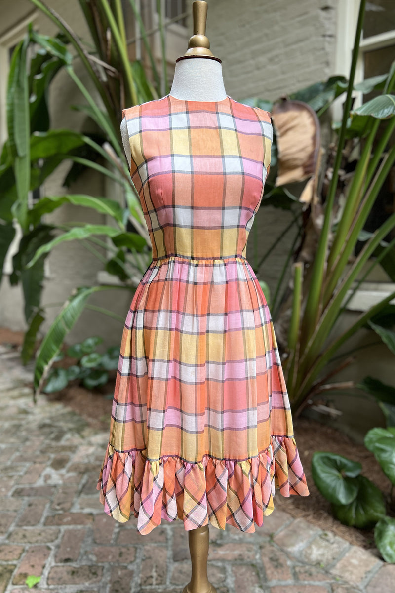 Vintage Late 1960s Plaid Ruffle Dress